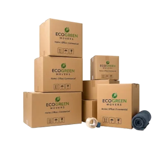 Reusable EcoGreen Movers crates and cardboard boxes stacked ready for a house move