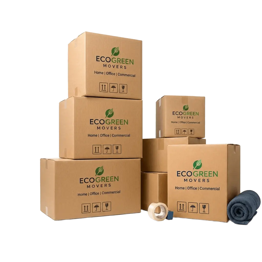 Reusable EcoGreen Movers crates and cardboard boxes stacked ready for a house move