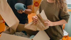 Cardboard moving boxes being unpacked during a house move