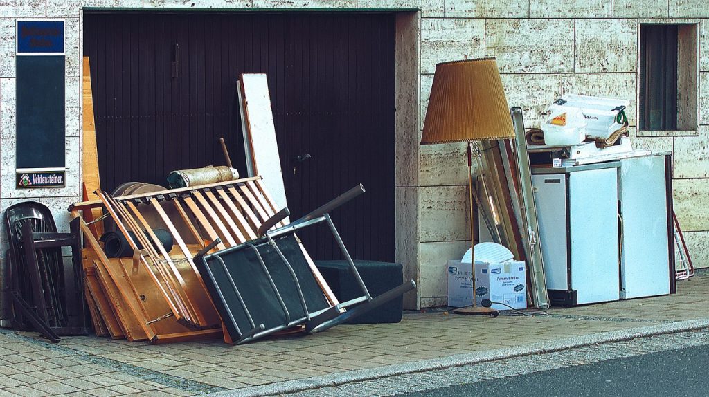 Old furniture and household items put out for a bulky waste collection