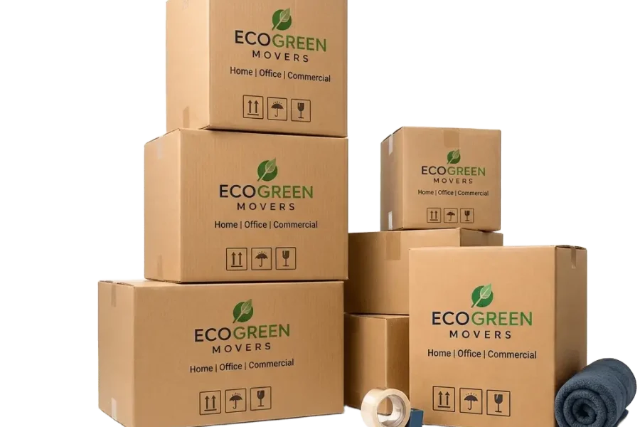 Reusable EcoGreen Movers crates and cardboard boxes stacked ready for a house move